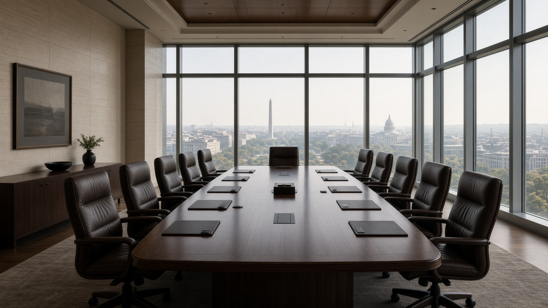 Empty executive boardroom overlooking the Washington skyline