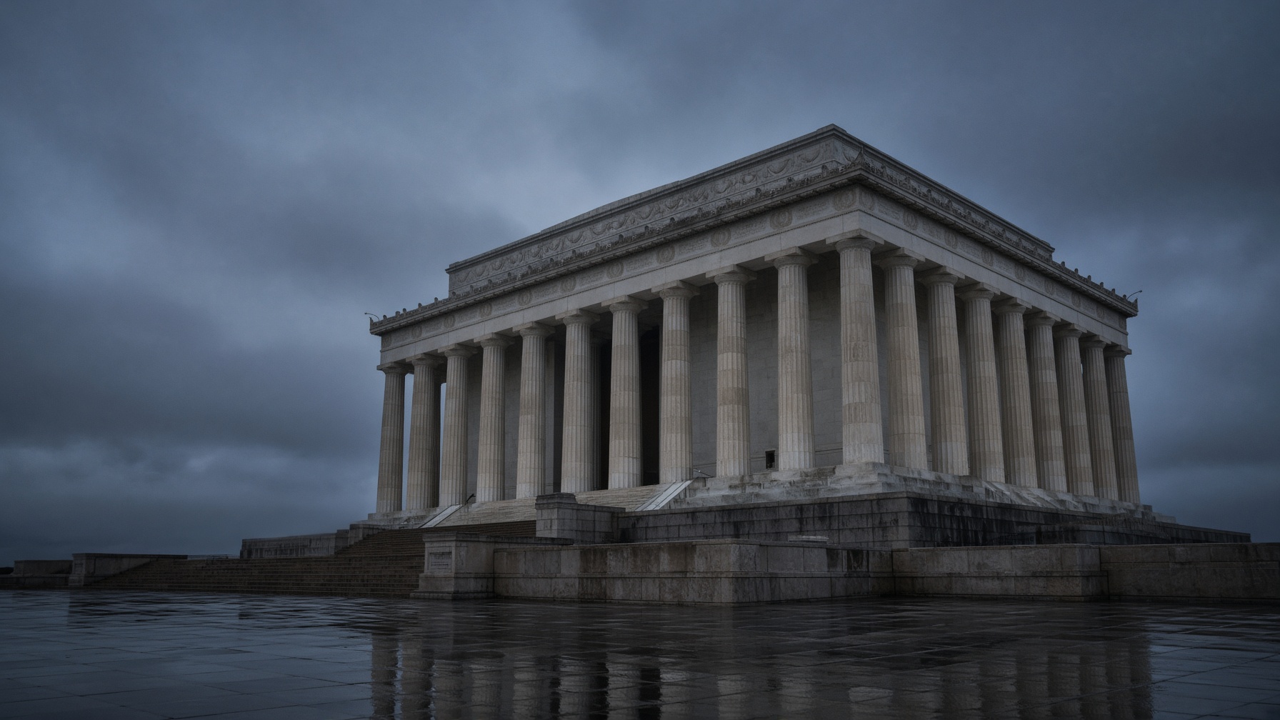 Lincoln Memorial colonnade at dusk in Washington, D.C.