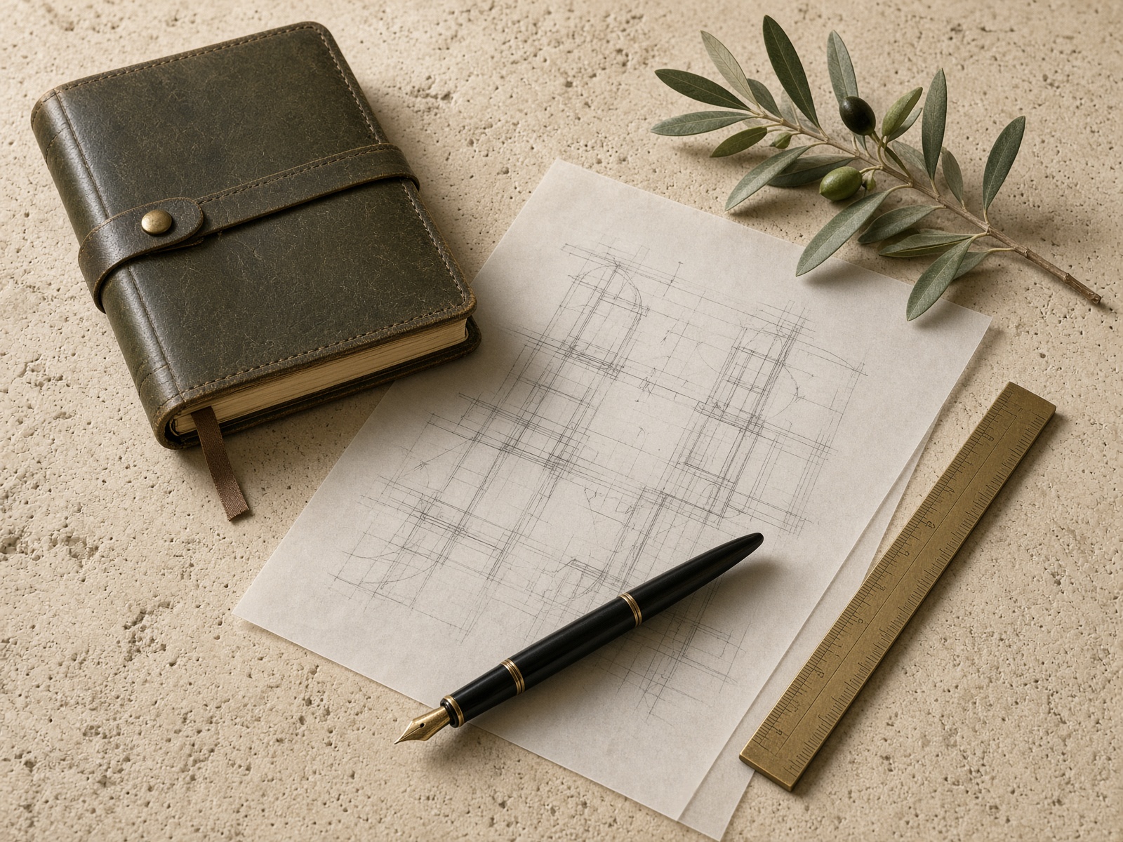 Notebook, fountain pen, and tracing paper on a limestone desk